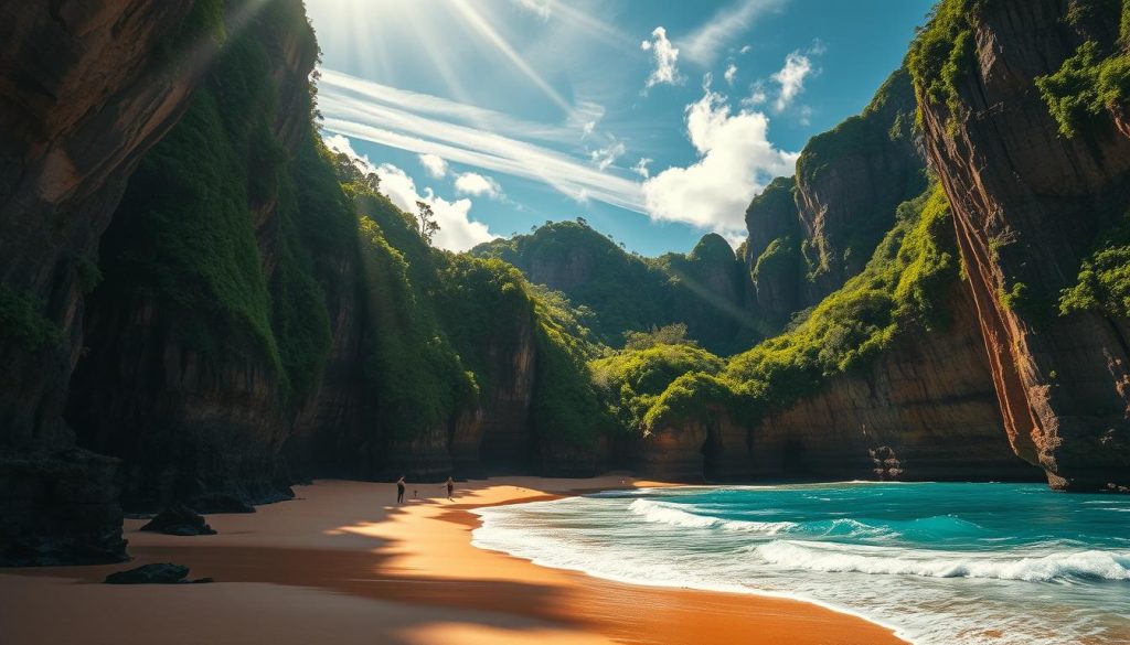 A breathtaking coastal paradise, where the azure waves caress the pristine golden sand. Towering cliffs frame the scene, casting dramatic shadows that dance across the surface. Lush, verdant foliage cascades down the rocky outcroppings, creating a natural amphitheater for the gentle breeze to carry its negative ion-rich essence. The sun's warm rays filter through wispy clouds, casting a serene, dreamlike glow over the entire landscape. Beachgoers bask in the rejuvenating energy, their minds and bodies in perfect harmony with the untamed, nourishing atmosphere. A sanctuary of natural tranquility, where the power of negative ions permeates every inch, offering a transformative experience to all who venture forth.