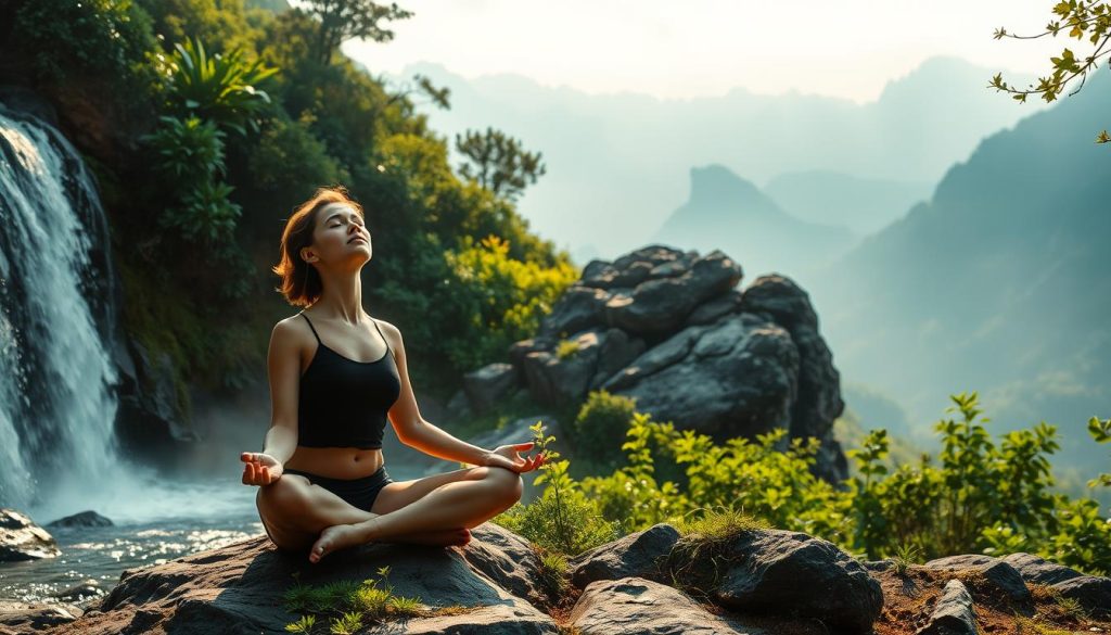 A serene natural landscape with lush greenery and a cascading waterfall, illuminated by soft, warm lighting. In the foreground, a person sits cross-legged, eyes closed, deeply immersed in a meditative pose, radiating an aura of tranquility. Negative ions permeate the air, creating a palpable sense of rejuvenation and stress relief. The middle ground features a rocky outcrop with moss-covered boulders, while the background showcases a picturesque mountain range shrouded in a misty, ethereal haze. The overall composition evokes a harmonious balance between the human and the natural world, a visual embodiment of the calming power of negative ions.