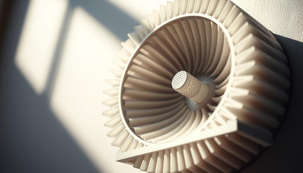A detailed cross-section of a HEPA (High-Efficiency Particulate Air) filter, showcasing its intricate structure and highlighting its filtration effectiveness. The filter is bathed in soft, directional lighting, casting delicate shadows that reveal the depth and complexity of its pleated design. The background is subtly blurred, focusing the viewer's attention on the filter's core components - the dense web of interwoven fibers that capture even the smallest airborne particles. The overall scene conveys a sense of scientific precision and the filter's critical role in improving indoor air quality.