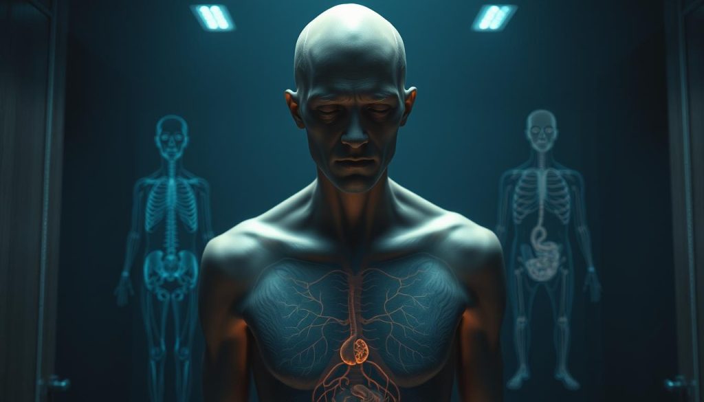 A detailed, realistic image of the negative health effects of negative ions. In the foreground, a human figure appears weakened and fatigued, with a subtle blue hue to their skin. In the middle ground, various anatomical systems are depicted, showing disruption and imbalance. The background features a dimly lit, claustrophobic environment, suggesting the oppressive nature of excessive negative ions. The lighting is muted and moody, creating a sense of unease. The composition emphasizes the interconnectedness of the body's systems and the pervasive influence of the negative ion-rich environment.