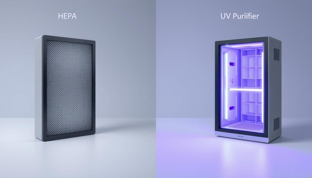 A detailed side-by-side comparison of a HEPA air filtration system and a UV light air purifier, captured in a well-lit, technical illustration. The HEPA filter features a finely woven mesh trapping microscopic particles, while the UV purifier emits a soft violet glow, illuminating its internal components. The systems are positioned against a clean, minimalist background, allowing their distinctive designs and functionality to be the focal point. Rendered with a precise, engineering-inspired aesthetic to clearly illustrate the key differences between these alternative dust removal techniques.