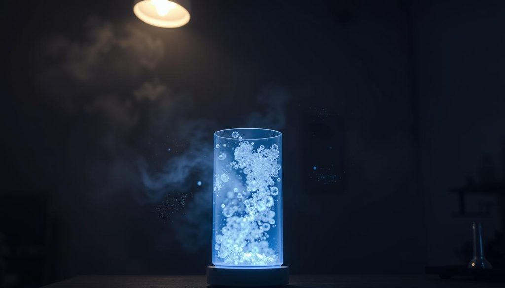 A dimly lit laboratory scene with a central focus on a glowing glass apparatus filled with flowing negative ions. The apparatus emits a soft blue-violet glow, casting a hazy, ethereal light throughout the room. In the background, wispy trails of particulate matter float in the air, representing indoor air pollution. The scene is illuminated by a single overhead light, creating dramatic shadows and highlights that accentuate the scientific atmosphere. The overall mood is one of serene discovery, as the negative ions are visualized working to purify the polluted air.