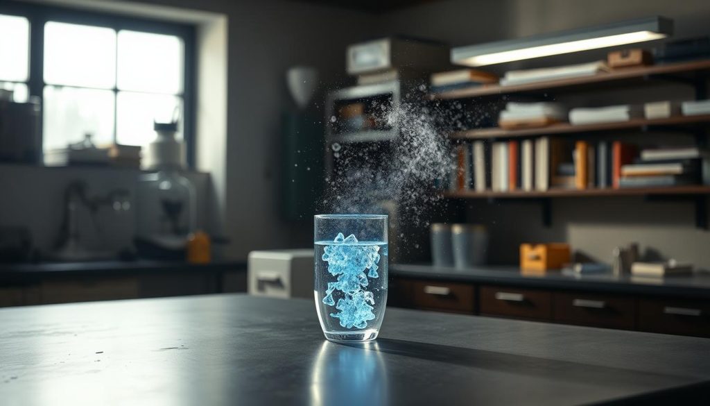 A dimly lit laboratory setting, with a scientific workbench in the foreground. On the workbench, a glass apparatus emits a faint blue glow, indicating the presence of negative ions. Dust motes float and swirl in the air, illuminated by the subtle lighting. In the background, shelves of scientific equipment and books provide a sense of scientific inquiry. The scene conveys a contemplative mood, inviting the viewer to consider the interplay between negative ions and dust removal.