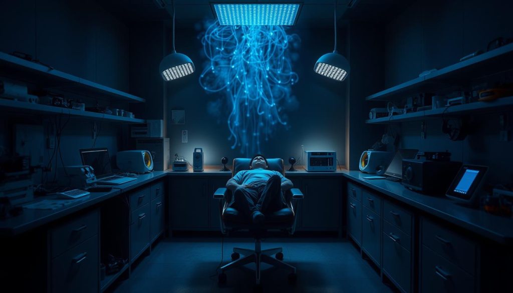A dimly lit research laboratory, with an array of scientific equipment and instruments on sleek, modern workbenches. In the center, a subject lies peacefully on a reclined chair, hooked up to various sensors monitoring their sleep patterns. The air is permeated with an ethereal blue glow, as negative ion generators emit their calming charge, creating a soothing, meditative atmosphere conducive to deep, rejuvenating slumber. Diffused lighting casts soft shadows, highlighting the intricate details of the setup, while a sense of scientific inquiry and discovery pervades the scene.