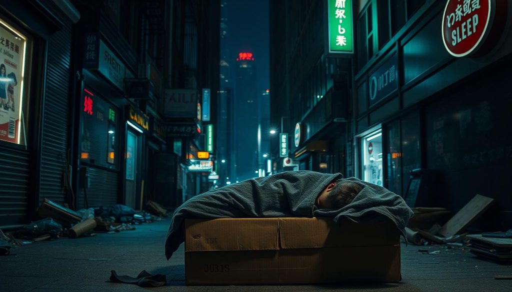A dimly lit urban alleyway, shadows cast by towering skyscrapers. Flickering neon signs and streetlights cast an eerie glow, while discarded trash and debris litter the ground. In the foreground, a lone figure lies curled up on a weathered cardboard box, their face obscured by a tattered blanket, symbolizing the challenges of restful sleep in an unforgiving urban environment. The scene conveys a sense of isolation, vulnerability, and the detrimental impact of modern city life on one's circadian rhythm and mental wellbeing.