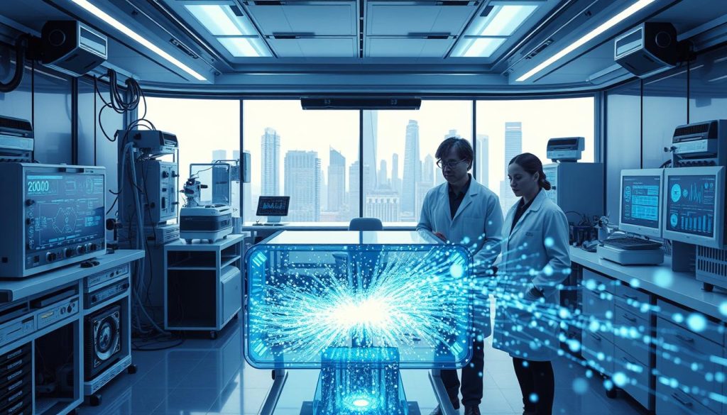 A futuristic laboratory filled with cutting-edge ion technology devices. In the foreground, a sleek, transparent ion generator emits a mesmerizing flow of negatively charged particles. Surrounding it, an array of sophisticated instruments and displays showcasing data visualizations and schematics. In the middle ground, scientists in white coats examine the technology, their faces illuminated by the soft glow of holographic interfaces. In the background, a vast panoramic window reveals a skyline of gleaming high-rises, hinting at the integration of this innovative ion tech into the urban landscape. The scene is bathed in a cool, blue-tinted lighting, creating an atmosphere of scientific progress and technological advancement.
