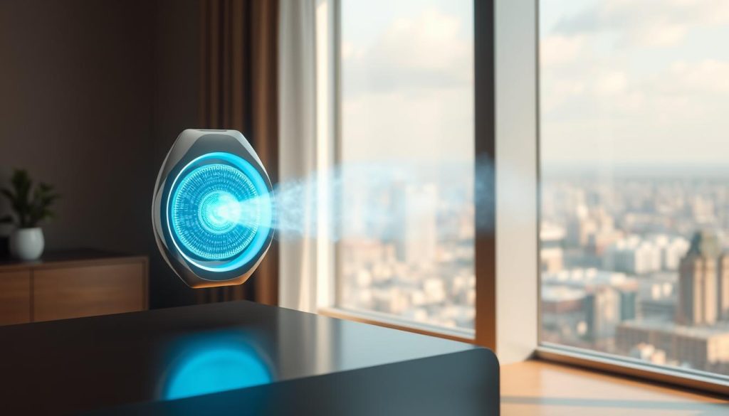 A gleaming, futuristic air purifier levitates in the foreground, its sleek, minimalist design radiating a sense of advanced technology. In the middle ground, a glowing blue sphere emits a haze of negative ions, spreading throughout the room and purifying the air. In the background, a window reveals a sprawling metropolis, hinting at the widespread application of this innovative technology. Soft, warm lighting casts an inviting glow, while the overall composition conveys a harmonious blend of form, function, and environmental consciousness.