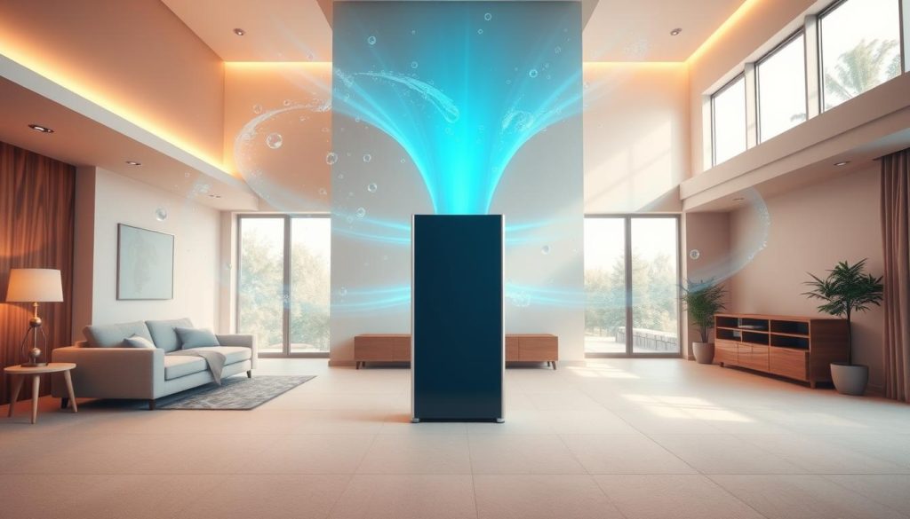 A large, airy room with clean, minimalist decor. In the center, a sleek, modern air purifier emits a soft, blue glow, surrounded by swirling wisps of contaminants being drawn in and eliminated. The lighting is warm and diffused, creating a serene, calming atmosphere. The walls are a soft, neutral tone, complemented by natural wood accents. Plush, comfortable furniture invites relaxation, while large windows allow natural light to flood the space, symbolizing the freshness and purity of the air. The scene conveys a sense of tranquility and rejuvenation, reflecting the power of negative ions to improve indoor air quality.