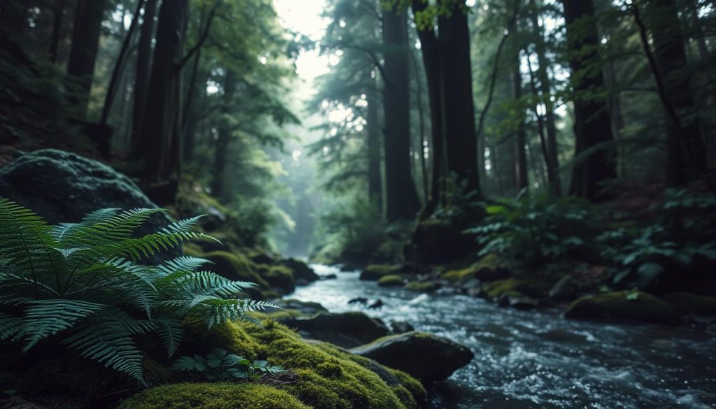 A lush, verdant forest canopy bathed in soft, diffused natural lighting. In the foreground, clusters of ferns and moss-covered rocks emanate a subtle blue-green glow, radiating the calming presence of negative ions. The middle ground reveals a gentle stream, its surface shimmering with microscopic air bubbles, each containing a concentrated pocket of negatively charged particles. Toward the background, towering trees reach skyward, their leaves rustling in a light breeze that carries the revitalizing energy of nature's invisible air purifiers. The overall atmosphere is one of tranquility and rejuvenation, inviting the viewer to immerse themselves in the soothing embrace of the negative ion-rich environment.