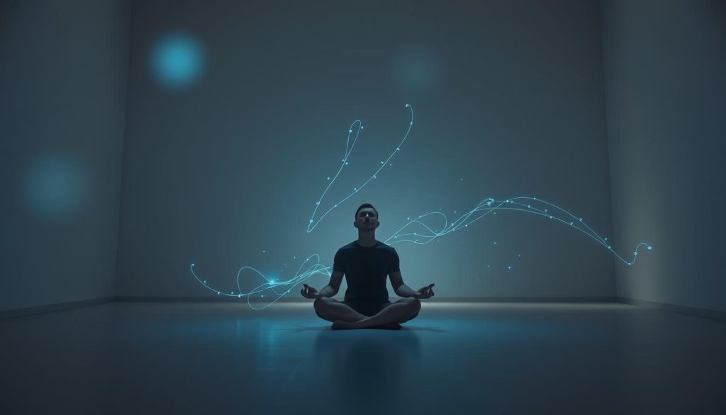 A serene and focused scene of negative ions floating gently in the air, their faint blue glow illuminating the space. In the foreground, a solitary human figure sits cross-legged, their eyes closed in deep meditation, their aura radiating a sense of calm and clarity. The middle ground features wispy tendrils of negatively charged particles, their trajectories suggesting a flow and movement that harmonizes with the meditative pose. In the background, a softly lit, minimalist environment with clean lines and neutral tones, creating a sense of balance and tranquility. Crisp, high-contrast lighting from an unseen source casts subtle shadows, emphasizing the three-dimensional depth and the tangible presence of the negative ions. The overall mood is one of focus, concentration, and the rejuvenating power of nature's invisible energy.