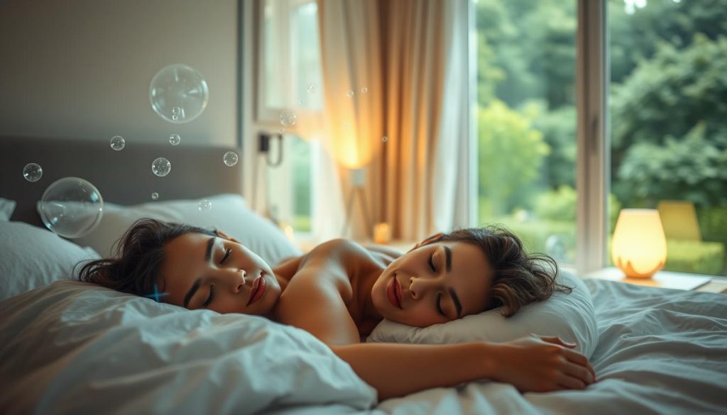 A serene bedroom bathed in soft, natural lighting. In the foreground, a peaceful sleeper rests on crisp, white bedding, an expression of calm on their face. Suspended around them, swirling clusters of glowing, translucent negative ions, their calming influence evident. In the middle ground, a bedside table with a small, glowing lamp, casting a warm, soothing glow. The background reveals a window overlooking a lush, verdant landscape, the calming influence of nature permeating the space. The overall atmosphere is one of tranquility and restoration, capturing the restorative power of negative ions on sleep quality.