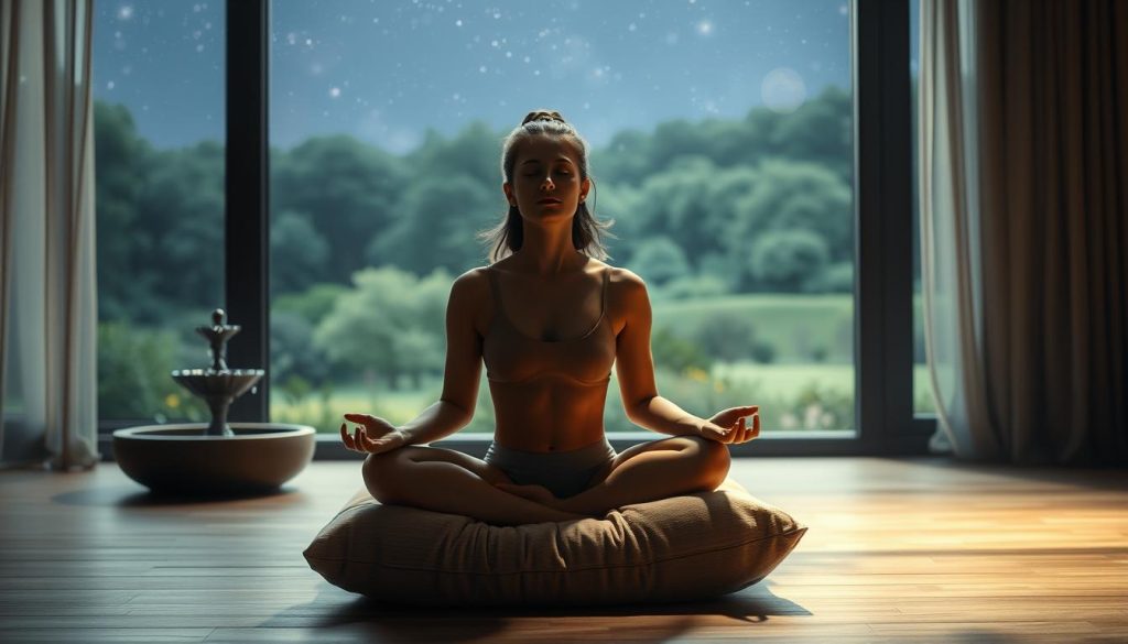 A serene, dimly lit indoor scene showcasing the benefits of negative ions for relaxation. In the foreground, a person sits cross-legged on a plush, earthy-toned cushion, their eyes closed in meditative calm. Soft, diffused lighting bathes the scene, creating a warm, cozy atmosphere. The middle ground features a small water fountain, its gentle bubbling providing a soothing soundscape. In the background, a large window frames a tranquil outdoor landscape, lush greenery and a starry night sky. The overall mood is one of deep tranquility and rejuvenation, emphasizing the restorative power of negative ions.