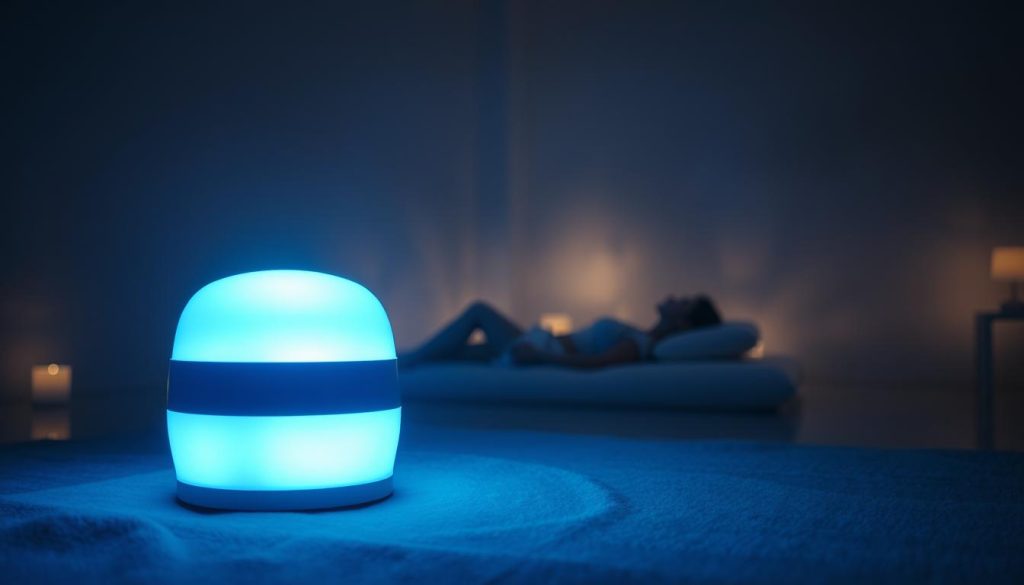 A serene, dimly lit room with a focus on a negative ion therapy device. The device, in the foreground, emits a soft blue glow, casting a calming, ethereal light across the space. In the middle ground, a person reclines comfortably, absorbing the negative ions. The background is hazy, with subtle textures and shadows, creating a sense of tranquility and introspection. The lighting is soft and diffused, lending a soothing, therapeutic atmosphere. The composition is balanced, drawing the viewer's attention to the central element of the negative ion therapy device. The overall scene conveys the restorative power and holistic benefits of this natural, non-invasive approach to well-being.
