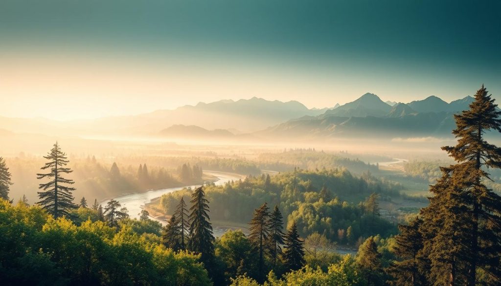 A serene, expansive vista of a pristine natural environment, bathed in a soft, diffuse glow. In the foreground, a lush, verdant landscape with towering trees and vibrant foliage, radiating a palpable sense of vitality. The middle ground features a meandering stream or river, its waters shimmering with an ethereal, ionized energy. In the background, rugged mountains rise majestically, their peaks shrouded in a hazy, atmospheric mist. The overall scene exudes a palpable sense of tranquility and rejuvenation, inviting the viewer to immerse themselves in the calming, negative ion-rich ambiance.
