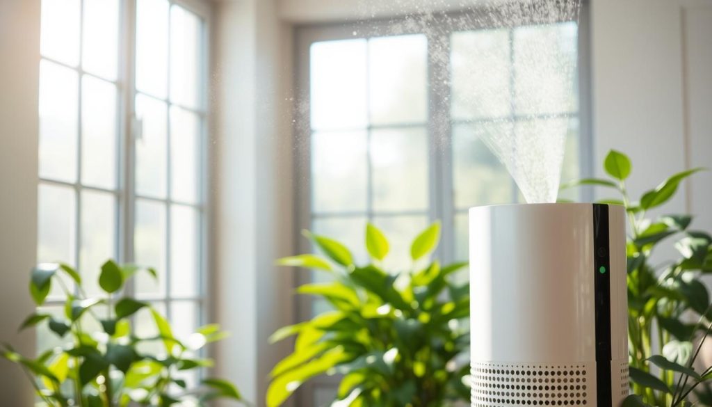 A serene indoor scene showcasing the benefits of negative ions for clean air. In the foreground, a modern air purifier emits a gentle stream of negative ions, illuminated by soft, diffused lighting. In the middle ground, lush green plants thrive, their leaves sparkling with the purifying effects of the negative ions. The background features a large window, allowing natural daylight to filter in and create a calming, airy atmosphere. The overall mood is one of tranquility and rejuvenation, highlighting how negative ions can transform the air quality and create a healthier, more refreshing living environment.