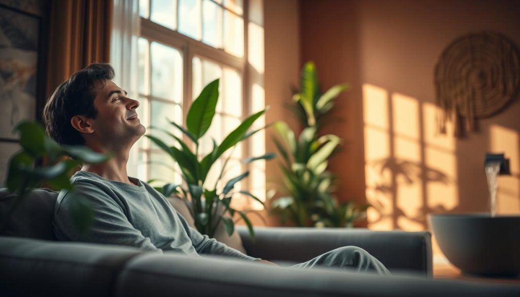 A serene indoor setting, bathed in warm, natural lighting from large windows. In the foreground, a person sits comfortably on a plush couch, eyes closed, a peaceful expression on their face as they bask in the calming presence of negative ions. The middle ground features lush, verdant houseplants, their leaves gently swaying, contributing to the tranquil ambiance. In the background, a minimalist, earthy-toned wall decor and a subtle, soothing water feature create a harmonious, zen-like atmosphere. The overall scene evokes a sense of rejuvenation, serenity, and a personal connection with the restorative power of negative ions.