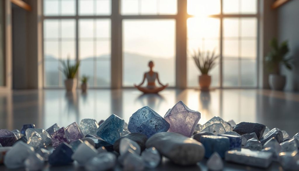 A serene indoor setting with a soft, diffused lighting from large windows. In the foreground, an array of crystals or stones in shades of blue and purple, representing negative ions, are strategically placed. In the middle ground, a person in a relaxed, meditative pose, conveying a sense of calmness and stress relief. The background features subtle, nature-inspired elements, such as potted plants or a minimalist landscape, to create a tranquil, spa-like atmosphere. The overall composition should evoke a feeling of balance, harmony, and the restorative power of negative ions.