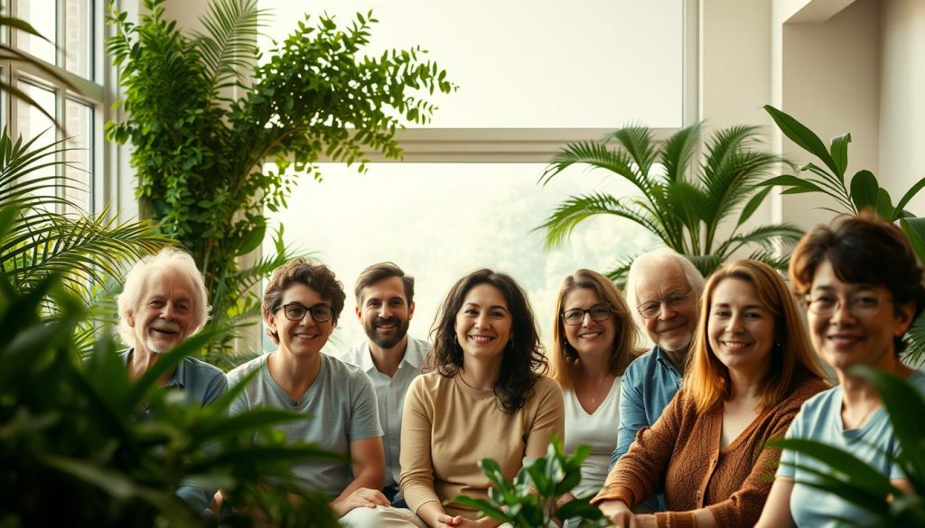 A serene indoor setting with an abundance of lush greenery and natural light. In the foreground, a group of people of diverse ages and backgrounds, each with a peaceful, content expression on their faces. They are seated in a relaxed, casual manner, surrounded by harmonious shades of green and calming earth tones. The middle ground features a large, airy window overlooking a tranquil outdoor scene, bathed in warm, soft lighting. The background subtly hints at a minimalist, yet inviting interior design, creating an atmosphere of mindfulness and well-being. The overall composition conveys a sense of personal growth, rejuvenation, and the positive impact of negative ions on mental clarity and emotional balance.