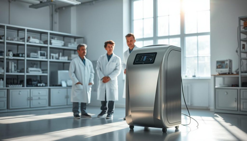A serene laboratory setting, softly lit by natural sunlight filtering through large windows. In the foreground, a sleek, modern ion therapy device stands prominently, its polished metal surface reflecting the gentle illumination. Behind it, a team of researchers in white lab coats carefully monitor the device's controls, their expressions focused yet calm. In the background, shelves of scientific equipment and instruments add a sense of scientific authority to the scene. The overall atmosphere conveys a sense of tranquility and well-being, perfectly suited to illustrate the therapeutic nature of negative ion therapy.