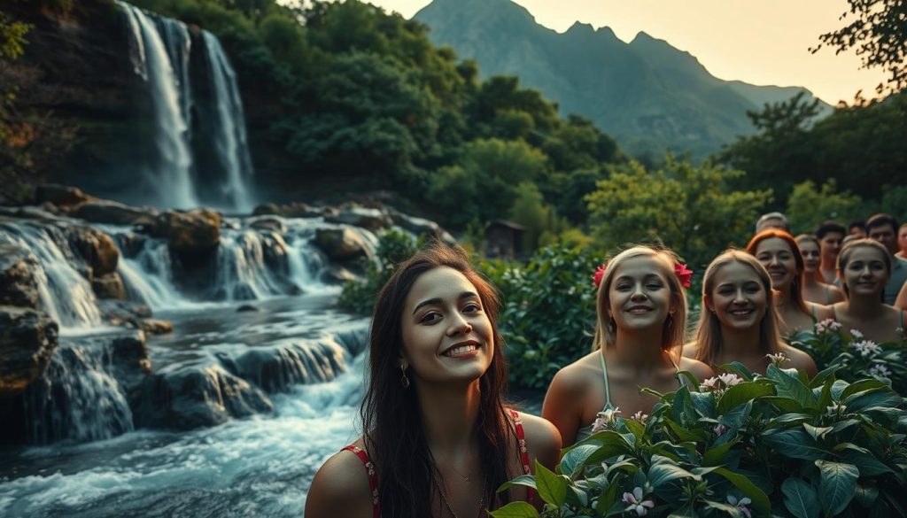 A serene natural landscape with cascading waterfalls and lush greenery. In the foreground, a group of people basking in the gentle glow of negative ions, their faces radiant and rejuvenated. The middle ground features a tranquil stream, its waters charged with negative ions, flowing through the verdant foliage. In the background, towering mountains with a warm, golden-hour lighting, creating a sense of balance and harmony. The overall scene conveys the restorative and revitalizing effects of negative ions on human health and well-being.