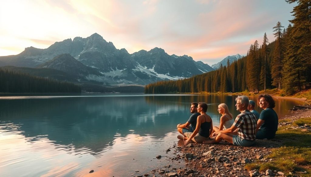 A serene, natural landscape with towering mountains in the background, a crystal-clear lake reflecting the vibrant colors of the sky, and a lush, verdant forest in the foreground. The scene is bathed in soft, warm lighting, creating a peaceful and calming atmosphere. In the center of the frame, a group of people are seated on the shore, basking in the presence of negative ions that emanate from the water, their faces radiating a sense of well-being and inner tranquility. The composition is balanced and visually captivating, inviting the viewer to experience the rejuvenating power of natural mood boosters.