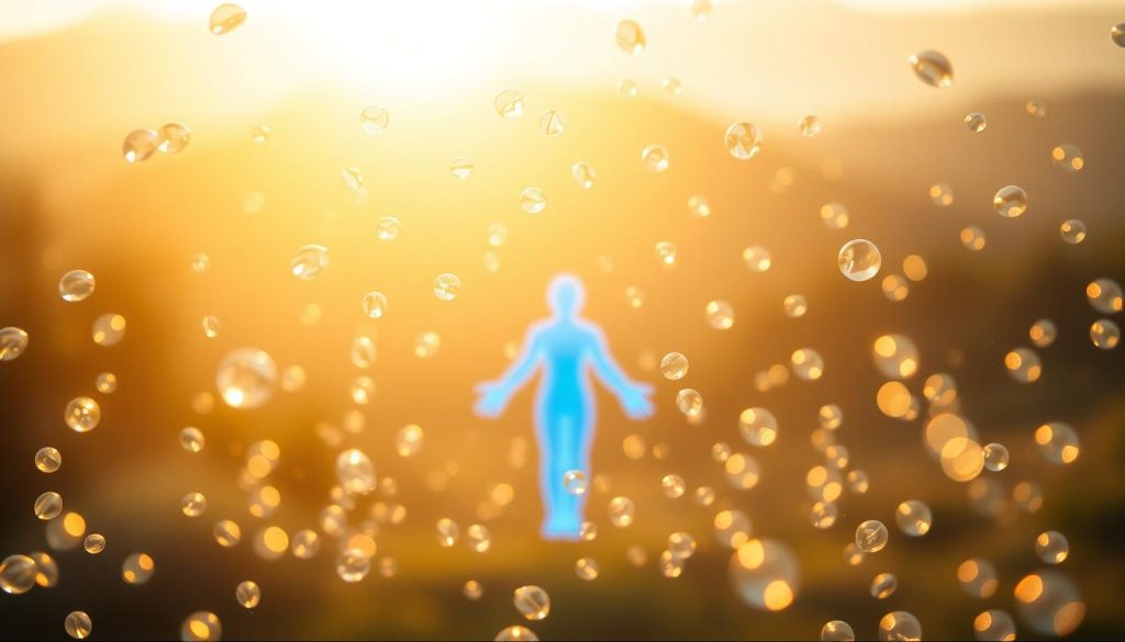 A serene scene of negative ions floating in the air, surrounding a glowing figure representing serotonin. The ions are depicted as shimmering, translucent spheres, illuminated by a warm, golden light source from the background. The serotonin figure is rendered as a vibrant, blue-hued humanoid form, radiating a sense of calm and well-being. The composition is balanced, with the negative ions in the foreground and the serotonin figure in the middle ground, set against a softly blurred, natural landscape in the background. The overall atmosphere is one of tranquility and harmony, conveying the restorative power of negative ions and their influence on serotonin levels.