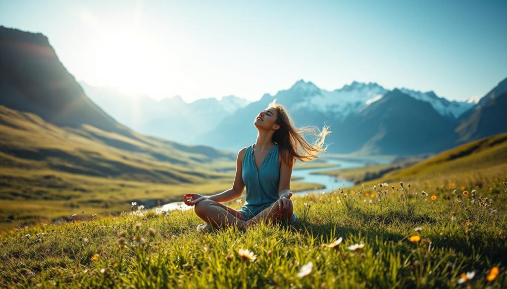 A serene, sun-drenched meadow, with verdant grassy hills rolling into the distance. In the foreground, a person sits cross-legged, eyes closed, basking in the warm, gentle rays of the sun. Wispy strands of hair dance in the soft breeze, as the individual radiates a sense of calm and inner peace. Surrounding them, delicate wildflowers dot the landscape, their vibrant hues complementing the serene atmosphere. In the middle ground, a flowing river winds its way through the scene, its surface reflecting the azure sky above. The background is filled with towering, majestic mountains, their peaks capped with pristine snow. This idyllic setting conveys the mental health benefits of negative ions, which help to boost serotonin levels and promote a sense of well-being.