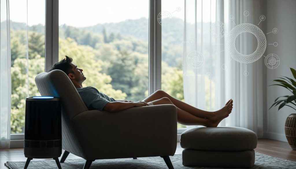 A serene, well-lit indoor scene showcasing the safety of negative ion exposure. In the foreground, a person relaxes comfortably on a plush chair, basking in the soothing glow of a negative ion generator. Soft, diffused lighting bathes the scene, creating a calming atmosphere. The middle ground features a large window overlooking a lush, verdant landscape, emphasizing the connection between negative ions and the natural environment. In the background, subtle scientific diagrams or illustrations depict the beneficial effects of negative ion exposure on human health and wellbeing. The overall composition conveys a sense of tranquility, safety, and the positive impact of incorporating negative ions into one's living space.