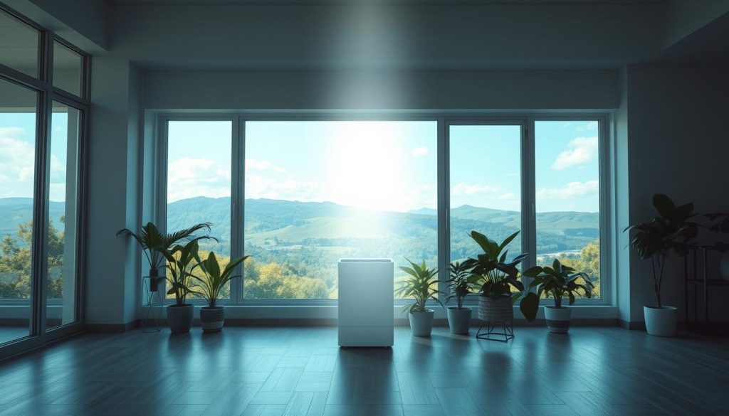 A serene, well-lit interior space with a large window overlooking a lush, verdant landscape. In the foreground, a sleek, modern air purifier emits a soft, ethereal glow, representing the invisible power of negative ions. The mid-ground features thriving houseplants, symbolizing the natural, rejuvenating effects of negative ions on air quality. The background showcases a panoramic vista of rolling hills and a clear, blue sky, conveying a sense of tranquility and purity. The overall scene evokes a calming, restorative atmosphere, highlighting the tangible benefits of negative ions for indoor air purification.