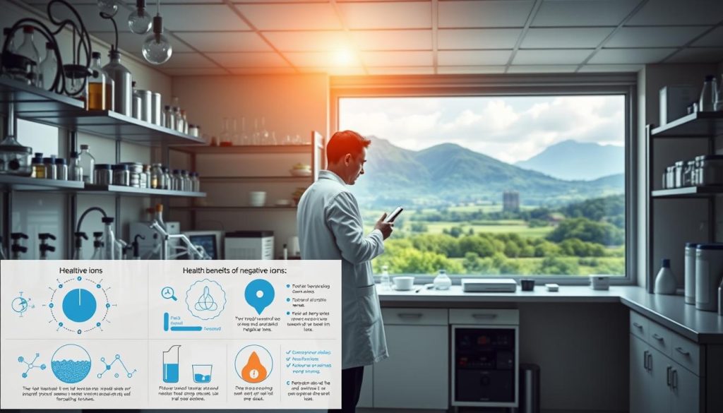 A serene, well-lit laboratory setting with an array of scientific equipment and glassware. In the foreground, a series of scientific diagrams and infographics illustrate the various health benefits of negative ions, including their ability to purify the air, boost mood and energy levels, and provide relief from allergies and asthma. The middle ground features a scientist in a white lab coat, carefully observing the results of an experiment involving the generation and measurement of negative ions. The background showcases a panoramic view of a lush, verdant landscape, highlighting the natural abundance of negative ions found in pristine environments.