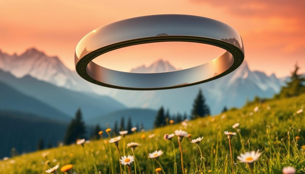 A sleek, futuristic negative ion bracelet hovers above a natural landscape. The bracelet's streamlined design radiates an aura of advanced technology, its metallic surface gleaming under warm, diffused lighting. The foreground showcases the bracelet's elegant contours, drawing the viewer's attention to its innovative form factor. In the middle ground, a lush, verdant meadow stretches out, dotted with wildflowers that sway gently in a soft breeze. In the background, towering mountains rise up, their peaks capped with pristine snow, creating a serene and harmonious atmosphere. The overall scene conveys a sense of balance between nature's power and the ingenuity of wearable technology.