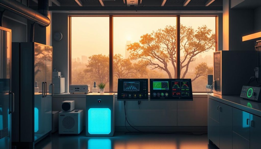 A sleek, modern laboratory setting with an array of integrated air quality solutions. In the foreground, a high-tech air purifier emits a soft, ambient glow, its negative ion generator subtly visible. In the middle ground, a series of sensor modules and control panels display real-time data on air quality, temperature, and humidity. The background features a large window overlooking a serene, tree-lined cityscape, bathed in warm, diffused natural light. The overall atmosphere is one of technological innovation, environmental consciousness, and a harmonious balance between man-made systems and the natural world.