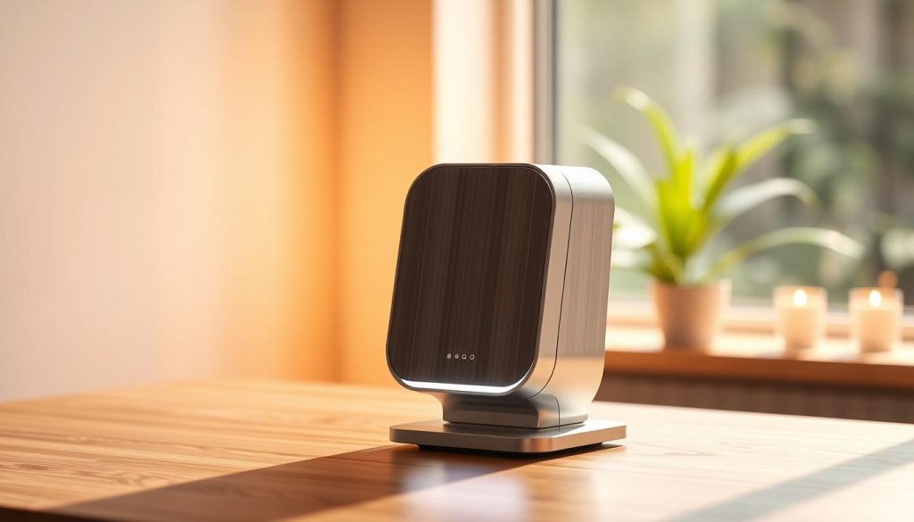 A sleek, modern negative ion generator standing on a minimalist wooden table, casting a soft, diffused glow across the scene. The device features a clean, minimalist design with a brushed metal casing and subtle LED indicators. The lighting is warm and inviting, creating a calming, spa-like atmosphere. The background is blurred, with a hint of greenery visible, suggesting a serene, nature-inspired setting. The overall composition is balanced and visually appealing, highlighting the negative ion generator as the focal point.