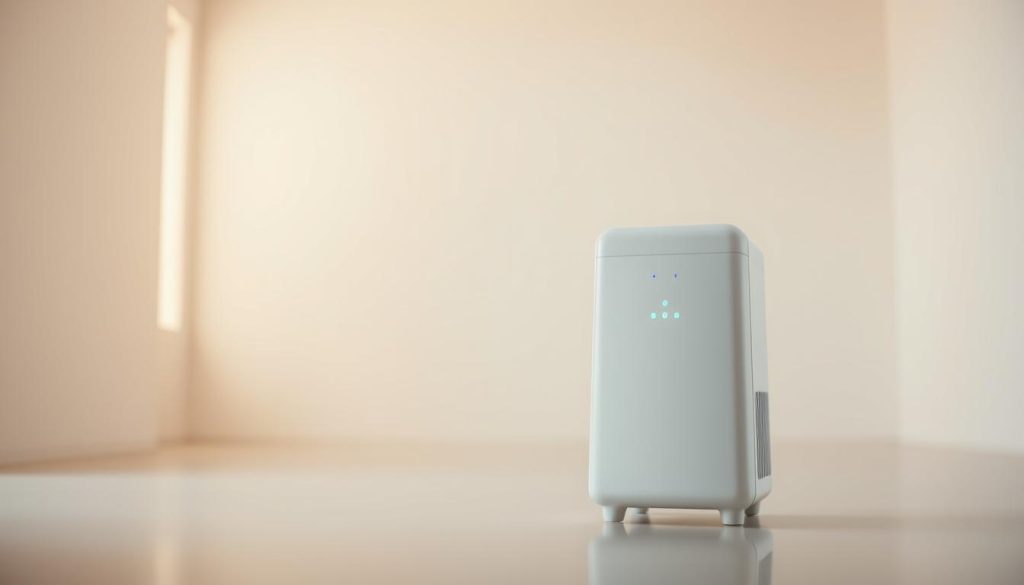 A sleek, modern negative ion generator stands prominently in the foreground, its minimalist design and soft white hues conveying a sense of purity and efficiency. Backlit by a warm, diffused light, the device's subtle blue indicator lights glow gently, signaling its active state. In the middle ground, a clean, uncluttered room with crisp, well-defined edges creates a calming, high-contrast environment. The background fades into a soft, hazy gradient, emphasizing the device's central focus and the tranquil atmosphere it engenders. The overall composition exudes a serene, technological aesthetic, perfectly capturing the essence of a negative ion generator's role in improving indoor air quality.