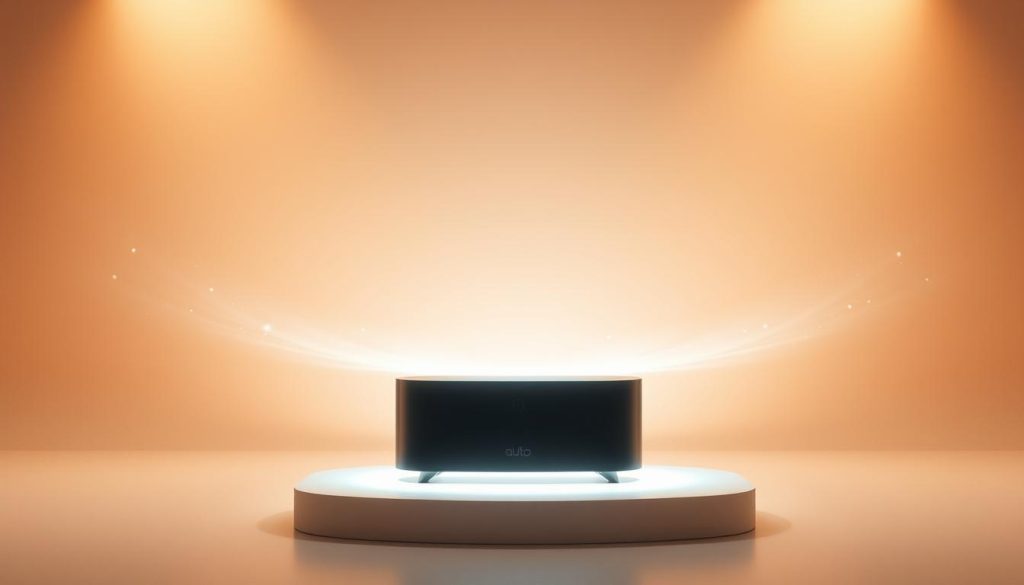 A sleek, modern technology device prominently displayed, casting a soft glow and emitting faint wispy trails of negative ions. The device is situated against a minimalist backdrop of gentle gradients, evoking a sense of futuristic, clean energy. Warm, indirect lighting bathes the scene, creating depth and atmosphere. The device's form is striking, with clean lines and a sophisticated aesthetic, highlighting the advanced engineering behind technologies harnessing the benefits of negative ions. The overall composition conveys a sense of innovation, wellness, and the transformative power of negative ion technology.