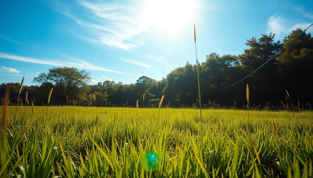 A tranquil, sun-dappled meadow bathed in warm, natural light. Lush, verdant grass stretches out in the foreground, while wispy clouds drift lazily across a clear, azure sky. Sunbeams filter through the canopy of a nearby forest, casting a gentle, golden glow over the scene. The camera is positioned at a low angle, capturing the serene and inviting atmosphere, emphasizing the calming effects of natural illumination. The overall mood is one of peaceful contemplation, highlighting the benefits of exposure to natural light for maintaining a healthy circadian rhythm.