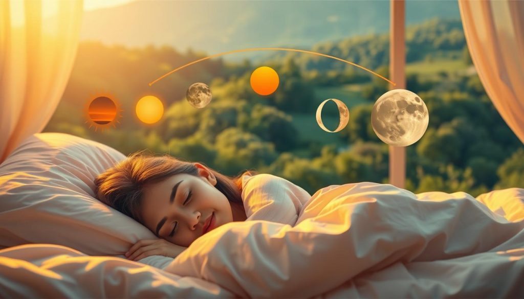 A vibrant illustration of the health benefits of a balanced circadian rhythm. In the foreground, a serene sleeping figure nestled in soft bedding, their face glowing with peaceful rest. In the middle ground, visual representations of the body's natural cycles - the sun rising and setting, the moon waxing and waning. The background depicts a lush, verdant landscape, symbolizing the restorative power of aligning with nature's rhythms. Warm, golden lighting bathes the scene, conveying a sense of harmony and wellbeing. The composition highlights the interconnectedness of sleep, circadian patterns, and overall health, inviting the viewer to consider the importance of rhythm in sustaining vitality.