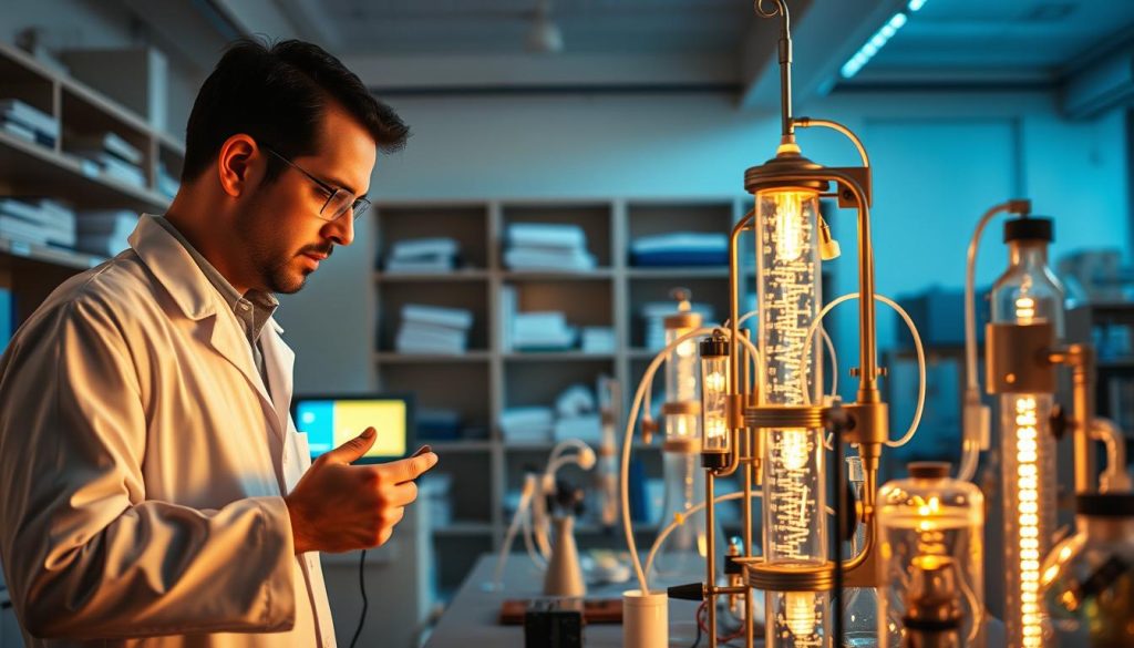 A well-equipped research laboratory, illuminated by soft, diffused lighting that casts a warm glow. In the foreground, a scientist in a white lab coat diligently examines a glowing display of negative ion measurement instruments. The middle ground features a complex apparatus with intricate glass tubing, suggesting ongoing experiments to study the properties and effects of negative ions. In the background, shelves of scientific equipment and books line the walls, creating a sense of scholarly pursuit. The overall atmosphere is one of focused, scientific inquiry, reflecting the dedicated research into the impact of negative ions on the human body.