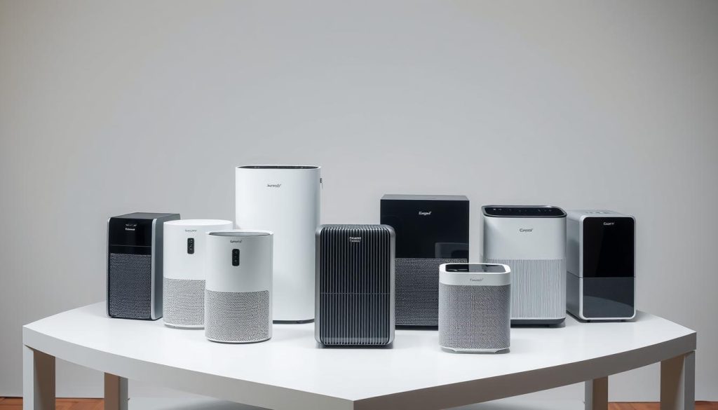 A well-lit, high-quality studio photograph of an assortment of top-rated air purifiers, showcasing their sleek, modern designs. The purifiers are arranged on a clean, minimalist table against a plain, neutral background, allowing the products to be the focal point. Lighting is carefully positioned to create soft, even illumination and highlight the textures and details of the devices. The angle is slightly elevated to provide an attractive, dynamic perspective. The overall mood is professional, informative, and showcases the impressive features and capabilities of these premium air purification systems.