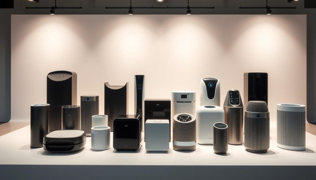 A well-lit product display showcasing an array of sleek, modern negative ion generators. In the foreground, several devices in various shapes and sizes - some compact and cylindrical, others angular and minimalist. The middle ground features a mix of air purifiers and portable personal ionizers, their streamlined designs accentuated by soft, indirect lighting. In the background, a clean, minimalist backdrop, perhaps a white or light gray surface, allows the products to take center stage. The overall mood is one of refinement and wellness, with a focus on the technological innovation and practical benefits of negative ion technology.
