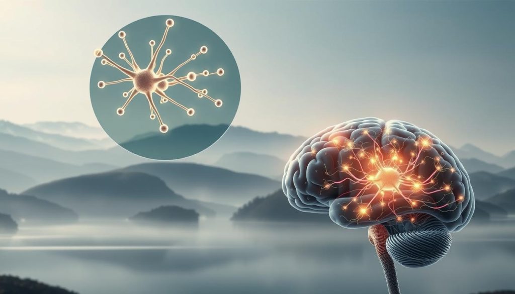 An intricate, high-resolution illustration depicting the beneficial effects of negative ions on the human brain. A serene, misty landscape with rolling hills and a tranquil lake forms the background, bathed in soft, diffused light. In the middle ground, a magnified view of a neuron network, its delicate synapses and dendrites glowing with a subtle, ethereal energy. In the foreground, a detailed cross-section of the brain, its various lobes and structures illuminated, highlighting the increased neural activity and improved cognitive function facilitated by the presence of negative ions. The overall mood is one of calm, focus, and heightened mental clarity.