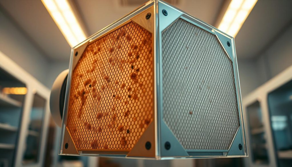 Highly detailed, wide-angle photograph of a HEPA air filter in a well-lit, sterile laboratory setting. The filter is shown mid-section, with a clear acrylic housing revealing its intricate internal structure. Dust and particulate matter are clearly visible being trapped by the dense, interwoven fibers. The background is out of focus, emphasizing the filter's technical engineering and effectiveness at air purification. Warm, diffused lighting from above casts dramatic shadows, highlighting the filter's complex geometry. The image conveys a sense of scientific authority and the filter's crucial role in improving indoor air quality.