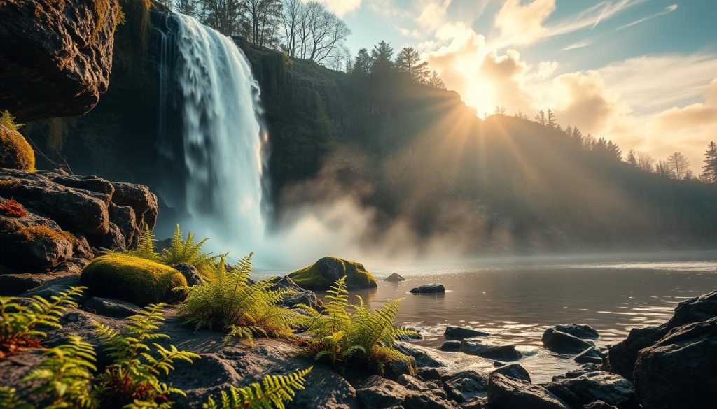 Negative ions and serotonin levels: A serene landscape with a waterfall cascading over rocky cliffs, emitting a fine mist that fills the air. In the foreground, delicate ferns and mosses cling to the damp stones, radiating a calming, verdant energy. The middle ground features a tranquil pond, its surface reflecting the warm, diffused sunlight filtering through wispy clouds. Suspended in the air, negative ions dance and swirl, interacting with the serotonin receptors in the viewer's brain, inducing a sense of well-being and relaxation. The overall scene conveys a harmony between the natural world and the human body's neurochemistry, a visual representation of the restorative power of negative ions.