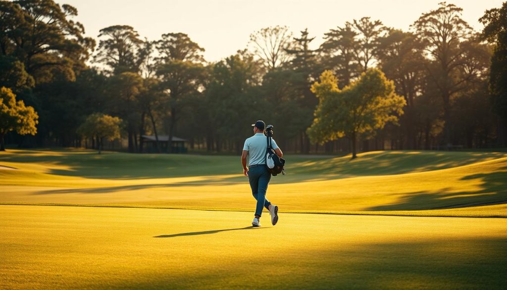 Professional golfer walking the course
