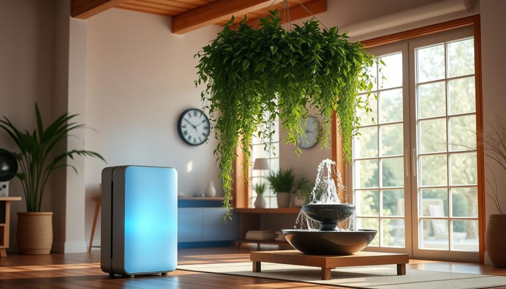 A bright, airy interior with natural elements showcasing ways to increase negative ions at home. In the foreground, an air purifier with a sleek, minimalist design emanates a soft blue glow, casting a calming atmosphere. Cascading from the ceiling, a lush, verdant indoor plant arrangement filters the air, while in the middle ground, a tabletop fountain gently bubbles, generating negative ions. The background features large windows letting in ample daylight, accentuating the fresh, rejuvenating ambiance. Warm, earthy tones and natural textures, like bamboo or stone, complement the soothing, restorative mood.