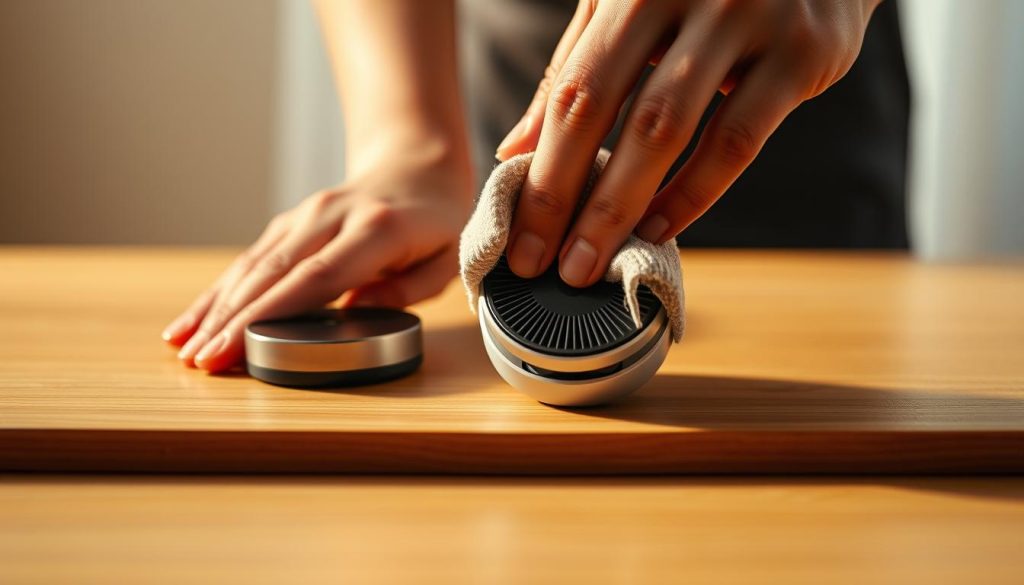 A close-up shot of a person's hands meticulously cleaning and maintaining a compact, sleek wearable air purifier. The purifier is placed on a clean, minimalist wooden surface, allowing the focus to be on the delicate care and attention being given to the device. Warm, soft lighting illuminates the scene, creating a serene, contemplative atmosphere. The hands are gently wiping the surface with a microfiber cloth, demonstrating the importance of regular maintenance to ensure the purifier's optimal performance and longevity. The overall composition emphasizes the diligence and care required to properly care for this essential personal air-cleaning technology.