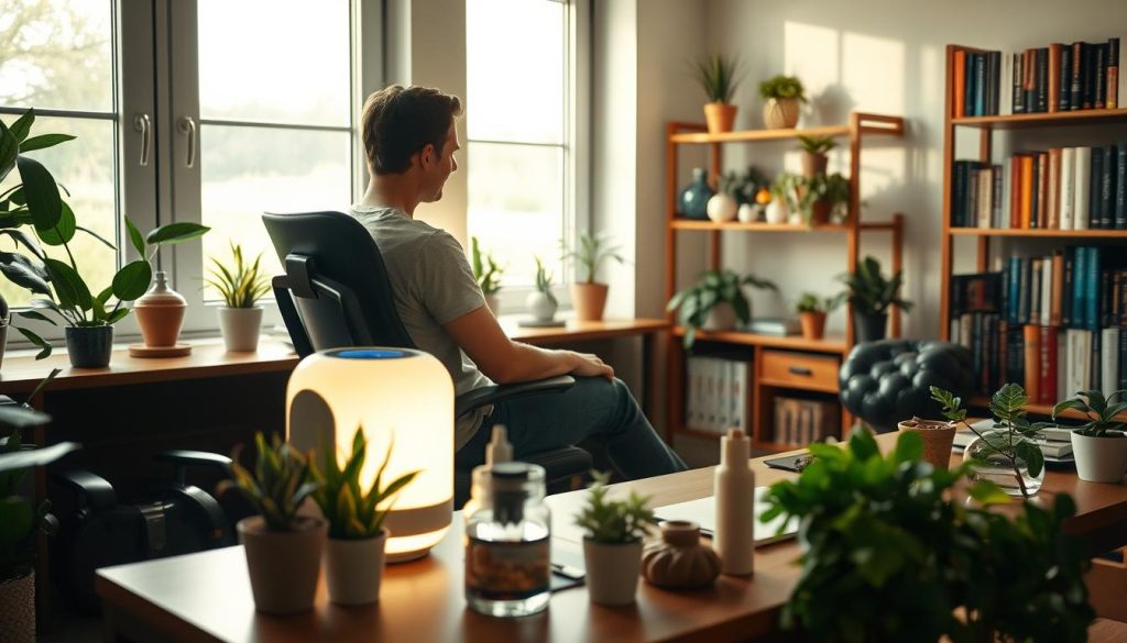 A cozy home office setting, with a large window letting in natural light. In the foreground, a person sits comfortably in an ergonomic chair, using a negative ion therapy machine. The device emits a soft, glowing effect, casting a serene atmosphere. In the middle ground, various plants and trinkets adorn the desk, creating a calming, wellness-focused ambiance. The background features bookshelves filled with health and wellness-related titles, suggesting an environment of knowledge and self-care. The overall scene conveys a sense of relaxation, rejuvenation, and the positive impact of negative ion therapy on one's well-being.