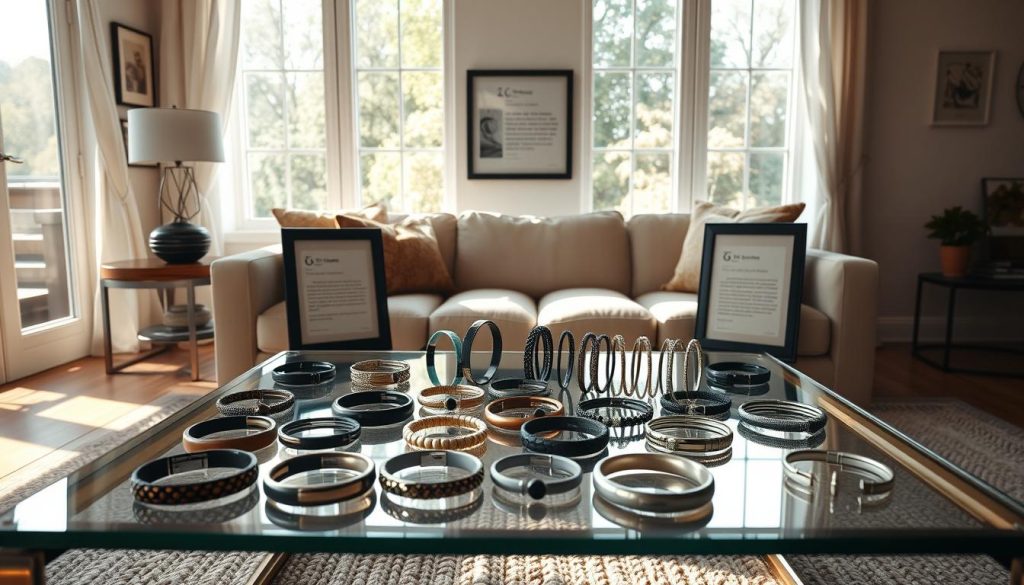 A cozy, well-lit living room setting with a glass coffee table showcasing an array of various ion bracelets. The bracelets are displayed in an organized, visually appealing manner, with some placed upright and others laid flat to highlight their unique designs. Soft, natural lighting filters in through large windows, creating a warm and inviting atmosphere. Framed testimonials and product reviews are tastefully arranged around the bracelets, conveying a sense of authenticity and user trust. The overall composition evokes a sense of tranquility and wellness, reflecting the positive experiences and benefits associated with ion bracelets.