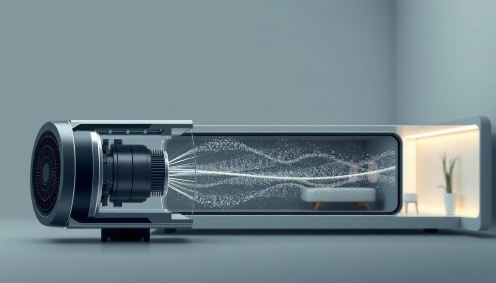 A cross-section of a modern ionization technology device, showcasing its inner workings. In the foreground, a detailed view of the ionization chamber, where high-voltage electrodes generate a stream of negatively charged ions. In the middle ground, the airflow system that draws in ambient air and distributes the ionized particles throughout the space. In the background, a sleek, minimalist housing design with clean lines and a soft, ambient glow, conveying a sense of advanced, energy-efficient air purification. Rendered in a high-contrast, technical illustration style with muted colors and precise engineering details to emphasize the sophistication of the ionization technology.