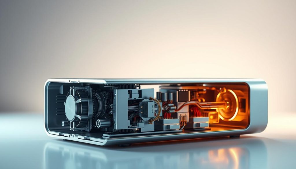 A cross-section view of a sleek, modern ionizer device. In the foreground, intricate electrical components and circuits are visible, their metallic surfaces gleaming under bright, directional lighting. In the middle ground, the ionizer's streamlined housing is rendered in clean, minimalist lines, hinting at the device's efficient design. The background features a soft, atmospheric gradient, suggesting the ionizer's role in air purification and charge manipulation. The overall scene conveys a sense of technological sophistication and the invisible forces at work within the ionizer's mechanism.